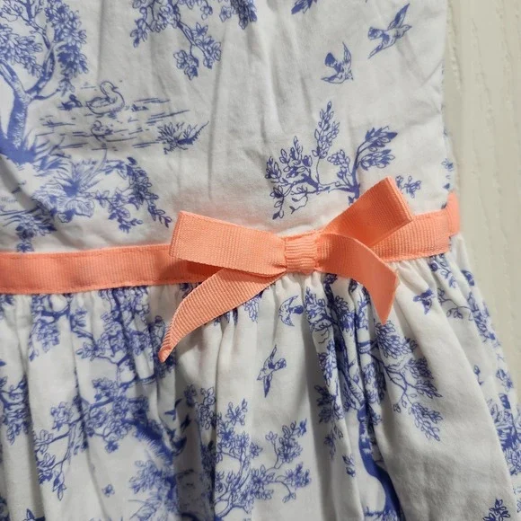 Carter's Girls 6X Blue Toile Print Dress Coral Ribbon Bow Sleeveless Cotton - Picture 3 of 9